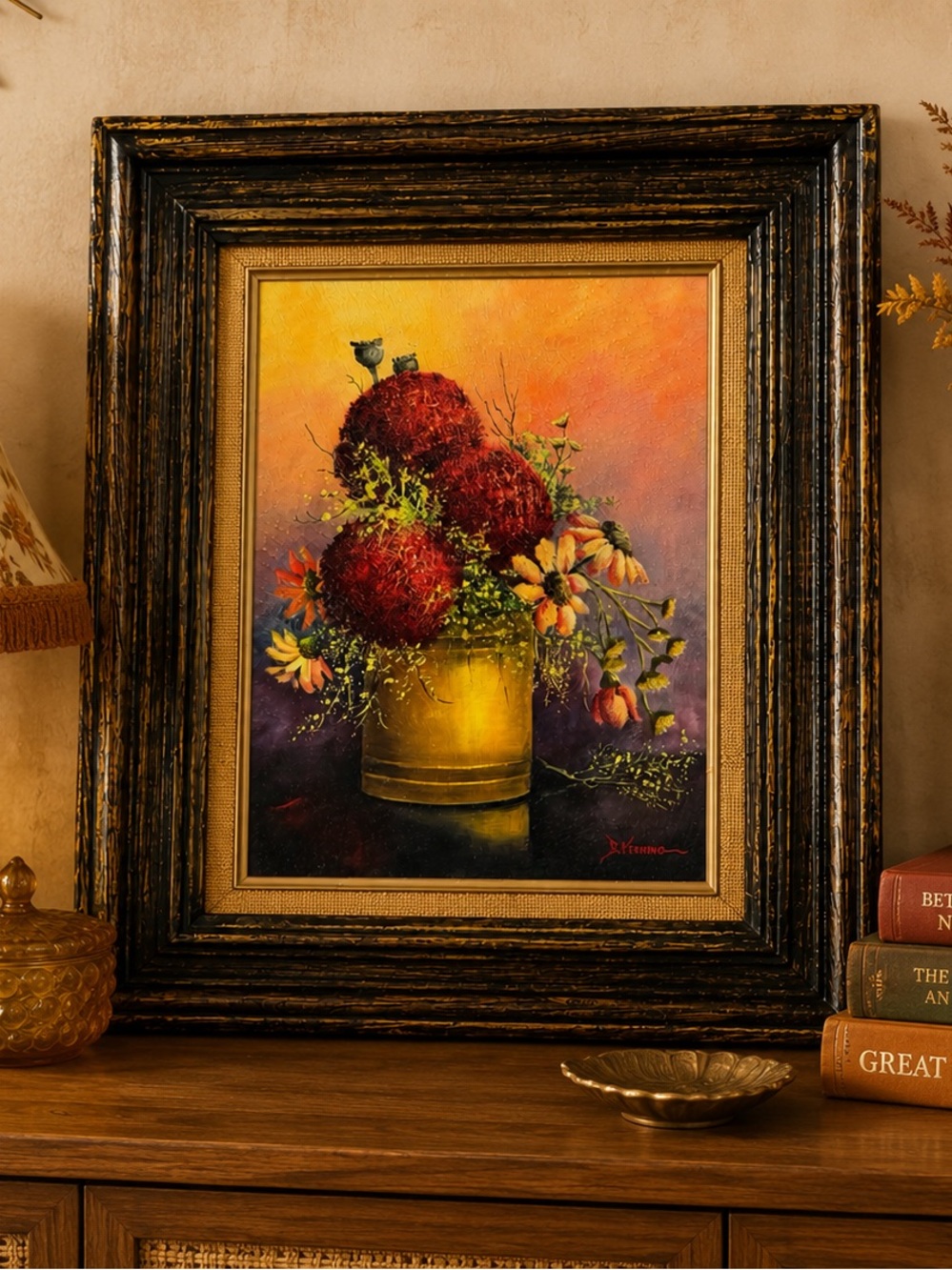 Vintage B. Herring Original Oil Painting Floral Still Life Framed 19x23.5